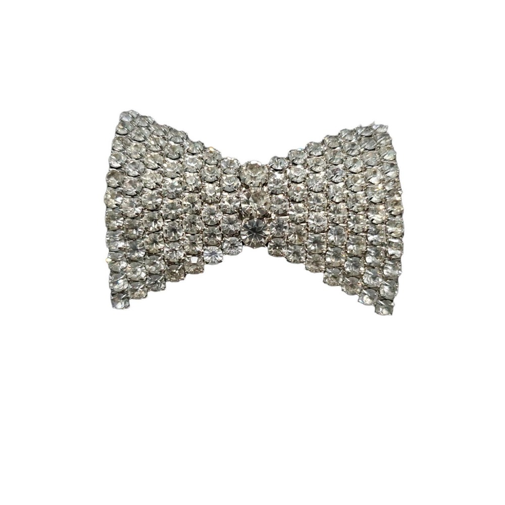 Vtg Retro White Rhinestone Silver Tone Bow Brooch